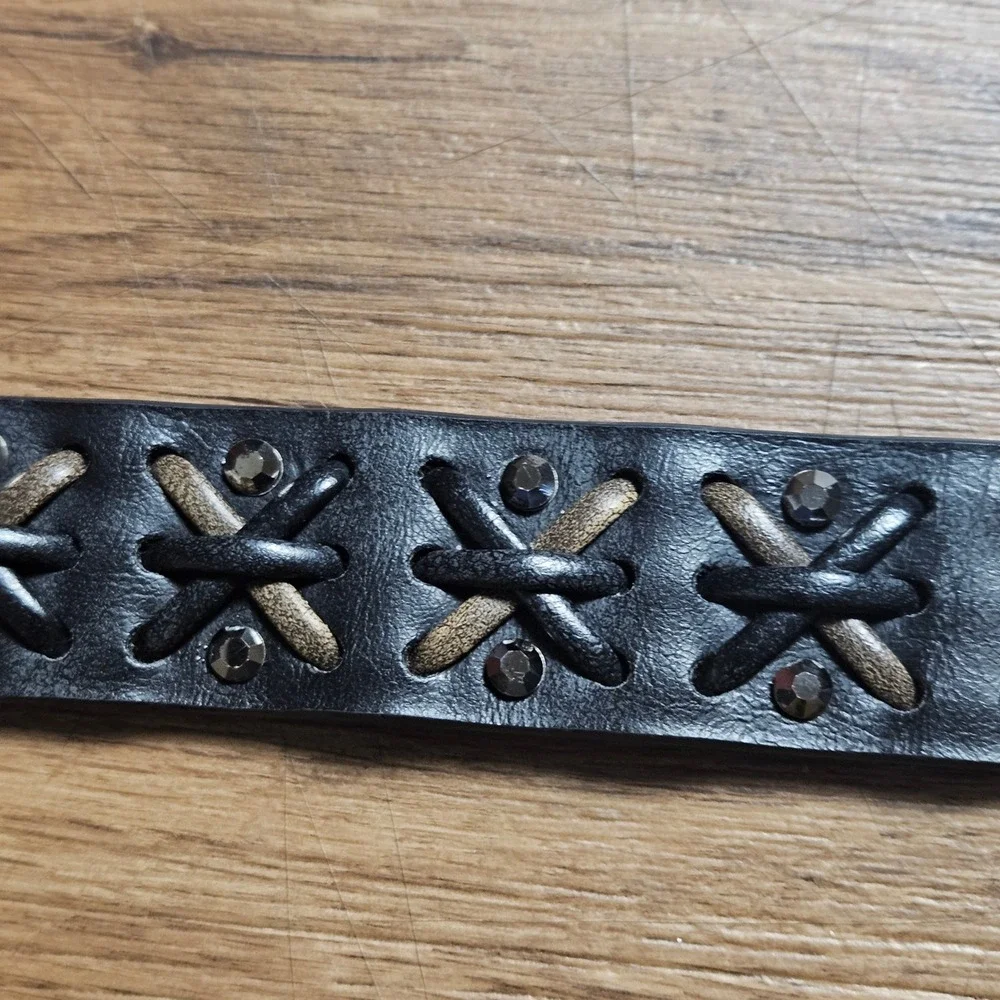 Vintage Western Genuine Leather Whipstitch Rhinestone Belt Silver Buckle ML Boho